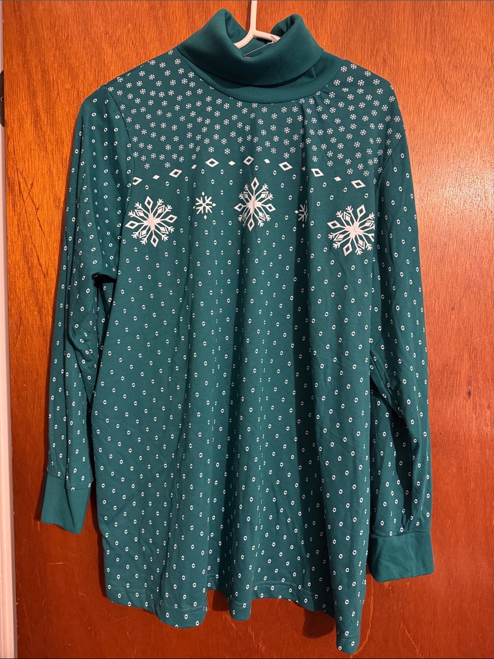Woman Within Teal Green Snowflake Turtleneck Top